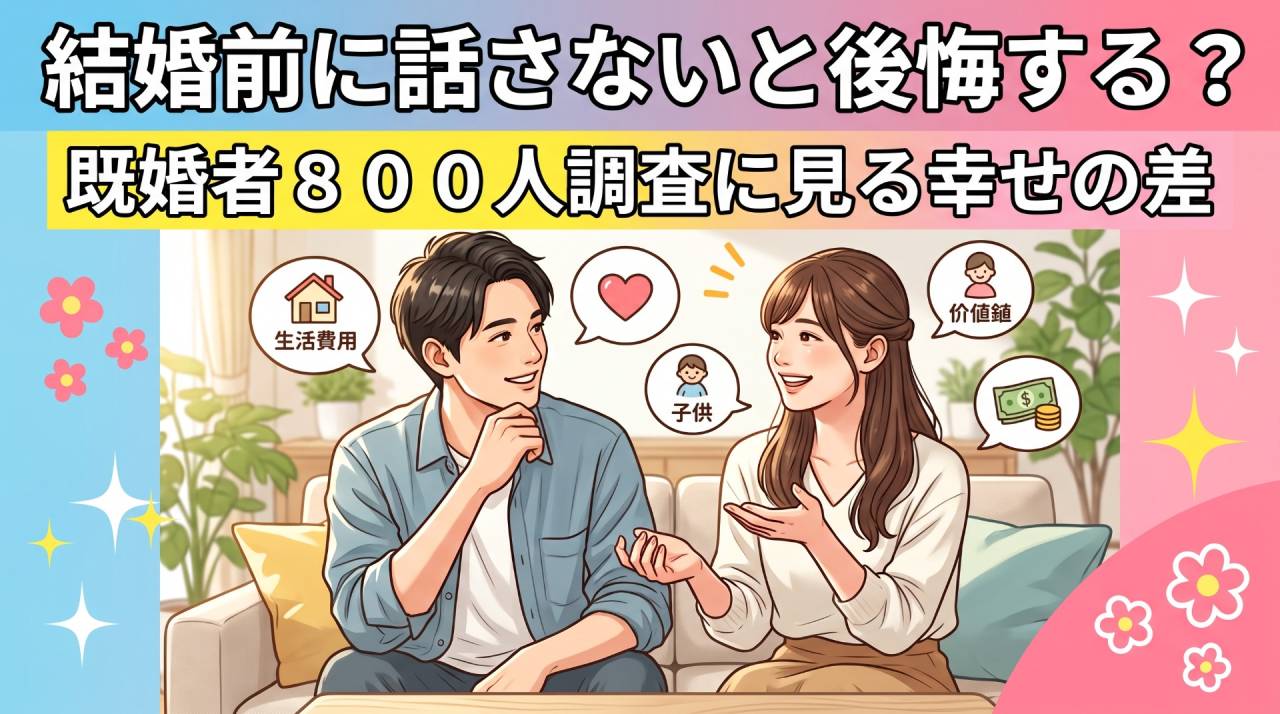 結婚前に話さないと後悔する？既婚者８００人調査に見る幸せの差