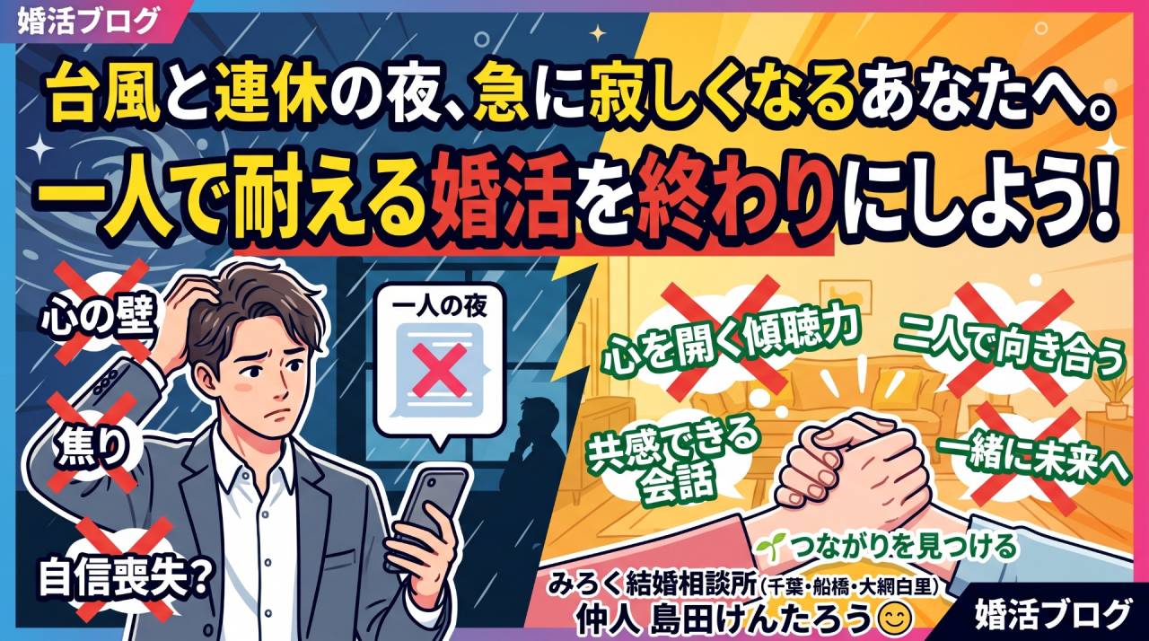 台風と連休の夜、急に寂しくなるあなたへ。一人で耐える婚活を終わりにしよう